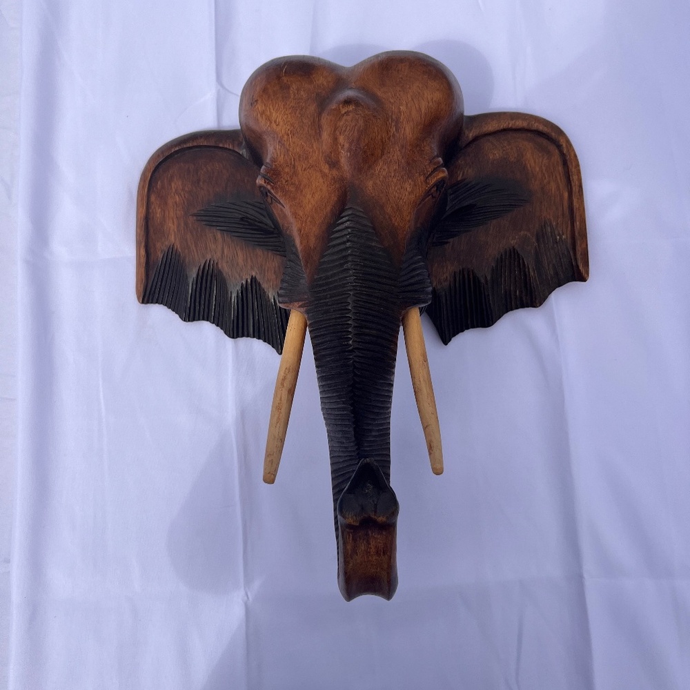 Wooden THAI ELEPHANT’S HEAD Wood Carved Hanging Wall Home Decor